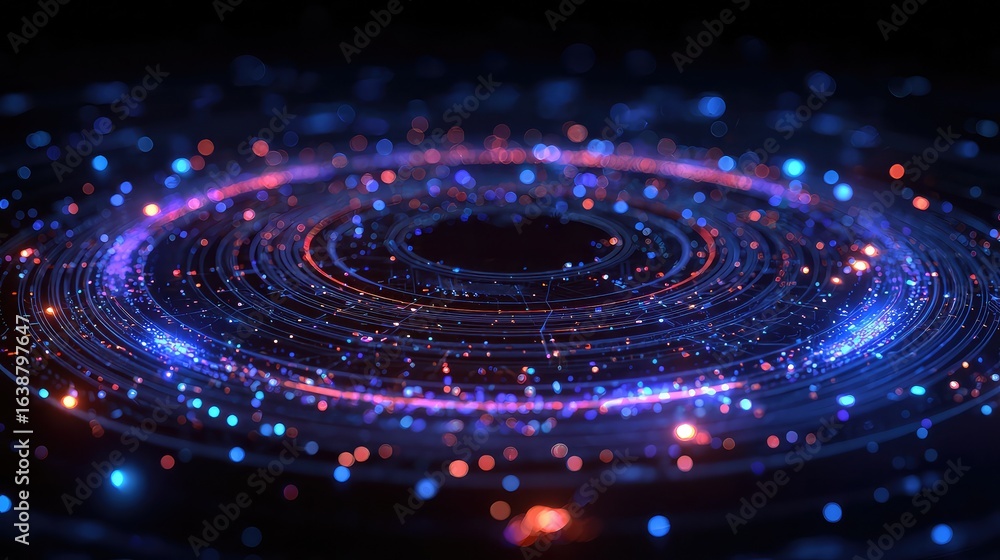 Poster dynamic abstract digital network with glowing blue and red particles swirling in a futuristic vortex