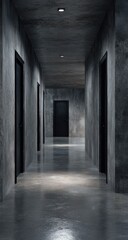 Dark, concrete hallway with multiple black doors