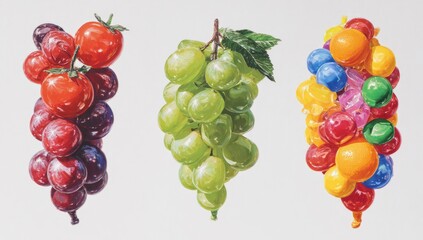 Three bunches of fruit, stylized. Red cherry tomatoes, green grapes, and a vibrant rainbow-colored, candy-like fruit cluster. A still life, rendered with highly saturated color