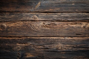 Fototapeta premium Close-up of aged, dark-brown wooden planks. Horizontal, weathered wood grain