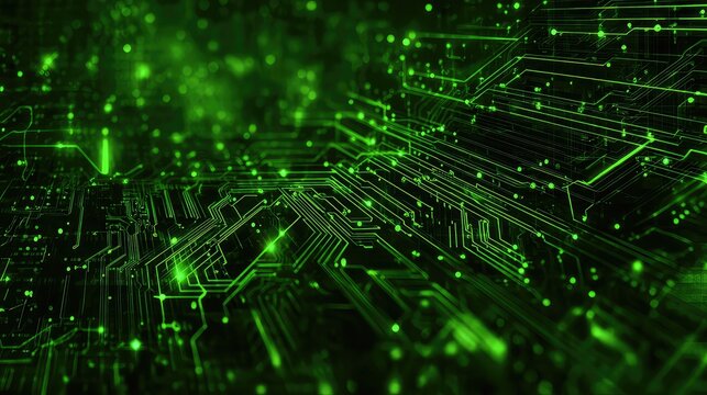 Immerse yourself in the glowing neon green digital data streams and intricate circuitry of a futuristic cyberspace network, representing complex technology and artificial intelligence.