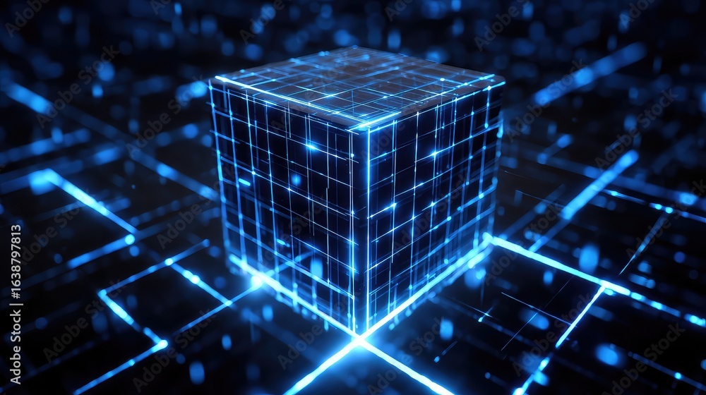 Poster experience the dynamic pulse of innovation with this stunning digital cube illuminated by vibrant bl