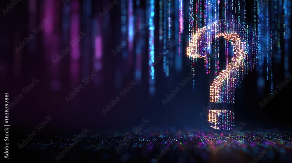 Poster illuminating digital question mark formed by vibrant glowing particles cascading in a futuristic dat