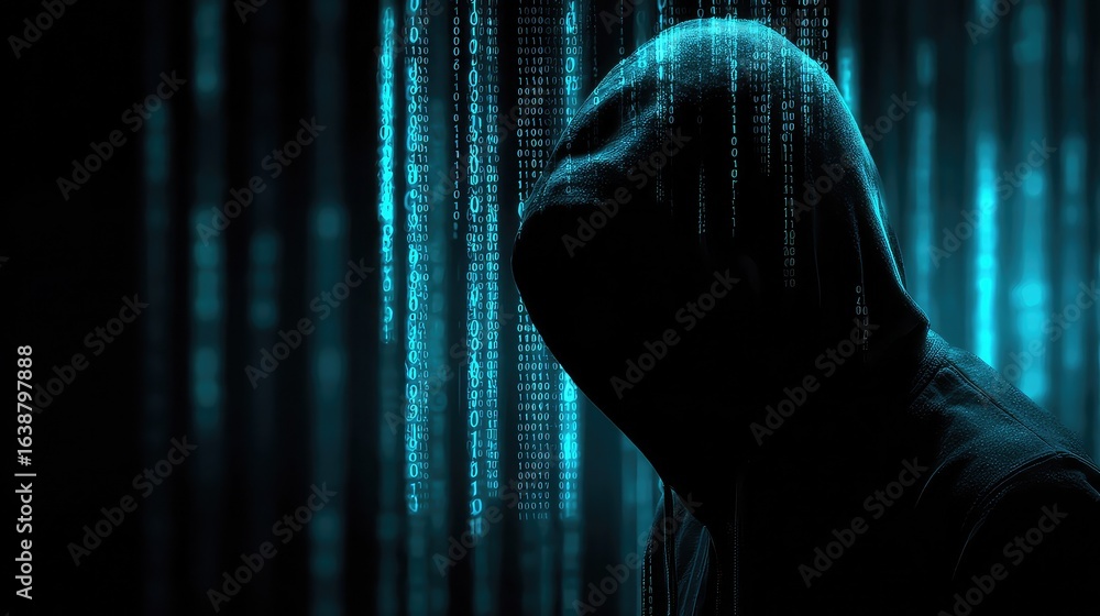Aufkleber mysterious hooded figure shrouded in digital rain of binary code, symbolizing cyber threat and data 