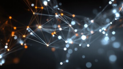 Dynamic glowing network of connected nodes and lines, abstract scientific data visualization with futuristic glow and bokeh effects