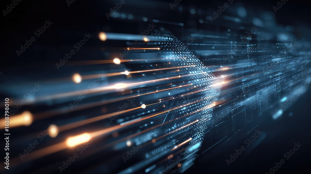 Poster dynamic digital network streams across a futuristic globe, showcasing rapid data transmission and gl