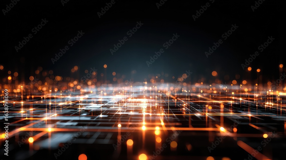 Poster dynamic digital network glowing with vibrant orange data streams against a dark, futuristic backdrop