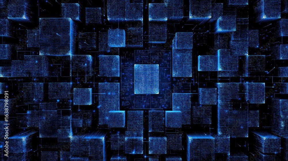 Poster immerse yourself in the dynamic digital universe, a stunning abstract network of glowing blue cubes 