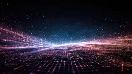 Immerse yourself in a dynamic digital landscape where glowing data streams converge, creating a vibrant, futuristic network of interconnected information and innovation.