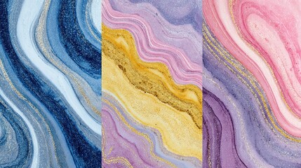 Multiple Pastel marble swirls blend into an abstract patterns and tiles, offering a sense of glitter fluid motion and tranquility with an artistic flow.