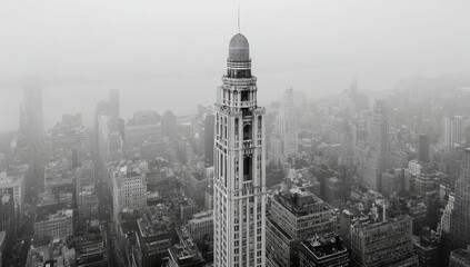 High-angle black and white cityscape view of a tall, ornate building, prominent amidst a dense fog-shrouded New York City skyline