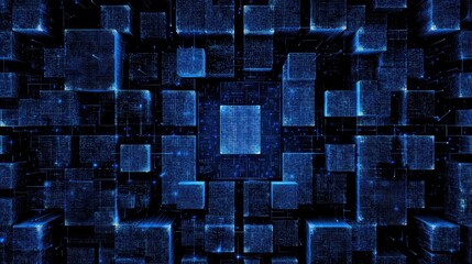 Immerse yourself in the dynamic digital universe, a stunning abstract network of glowing blue cubes and data streams creating a futuristic cyberspace exploration.