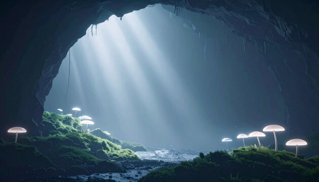Misty Cave Entrance with Bioluminescent Fungi and Light Rays - Powered by Adobe
