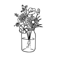 outline sketch of a jar with mixed flowers