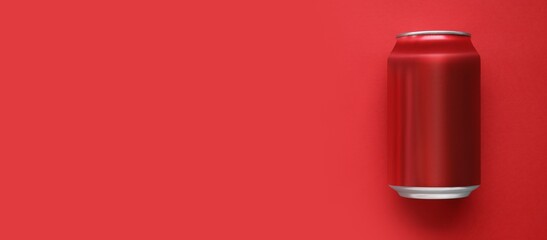 Can of soda on red background with space for text. Mockup for design