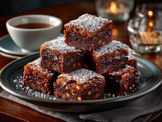 Stacked brownies dusted with sugar