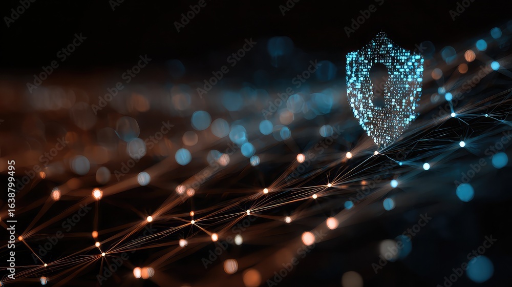 Poster secure digital shield with glowing network connections protecting data in a futuristic cyberspace en