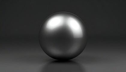 A highly polished, dark grey sphere rests on a dark surface, casting a subtle reflection