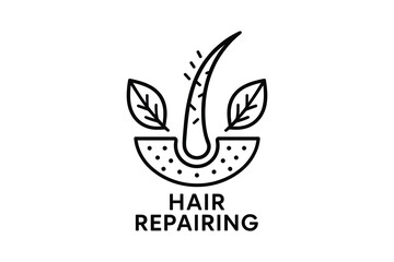 Fototapeta premium Hair Repairing Treatment Icon with Leaf Elements, Modern Style, Black and White Vector Illustration