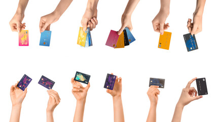 Many hands with credit cards on white background