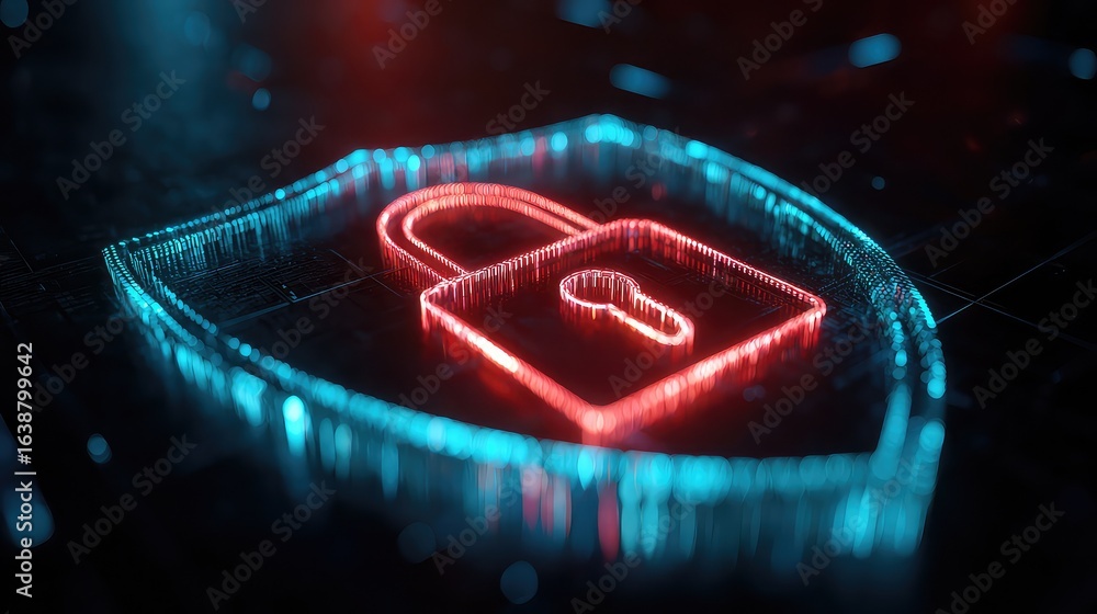 Poster glowing neon padlock and shield symbolize digital security and data protection in a futuristic cyber