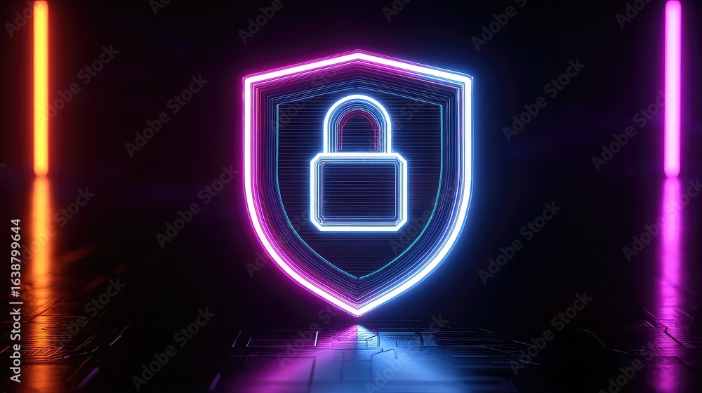 Poster dynamic neon shield and lock symbol glowing with futuristic cyberpunk energy, representing digital s