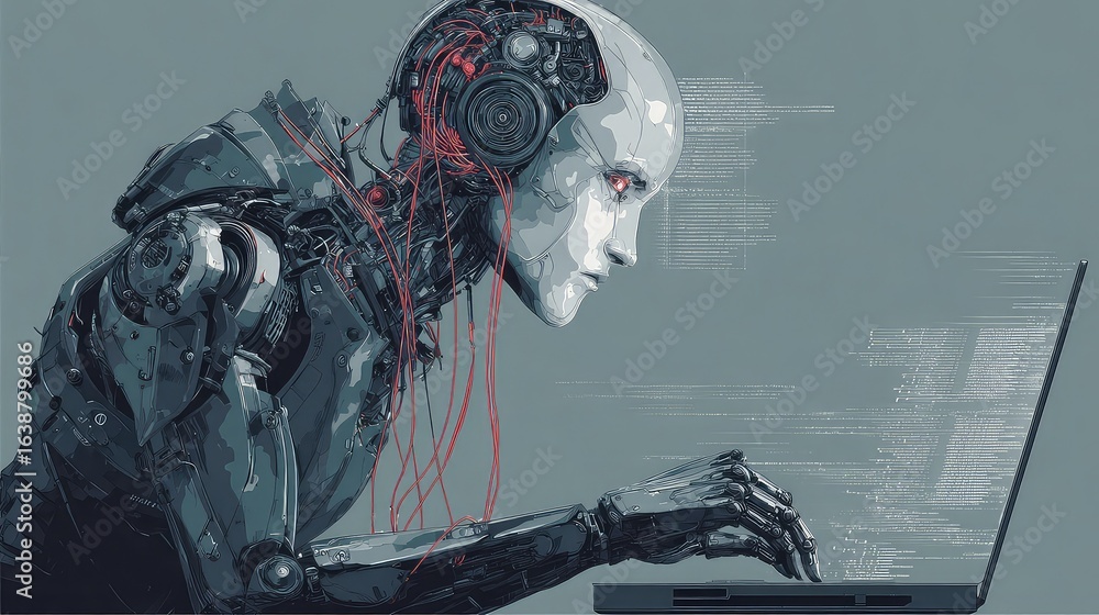 Fototapete advanced robotic intelligence deeply focused on complex data analysis and coding on a futuristic lap