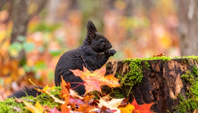 Black Squirrel Foraging on Mossy Stump Amidst Vibrant Fall Foliage - Powered by Adobe