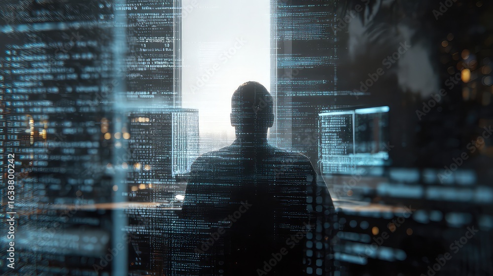 Fototapete visionary programmer immersed in complex code, gazing at futuristic digital city skyline, symbolizin