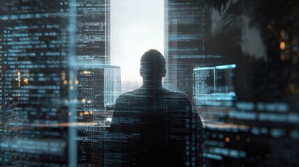 Visionary programmer immersed in complex code, gazing at futuristic digital city skyline, symbolizing innovation and data-driven progress