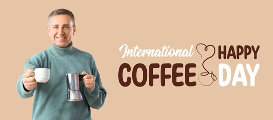 Banner for International Coffee Day with happy mature man