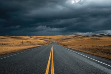 Naklejka premium Empty highway winds through golden prairie, dark storm clouds overhead