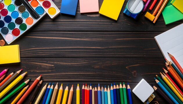 A creative assortment of colorful art and school supplies arranged as a frame on a dark wooden tabletop background. - Powered by Adobe