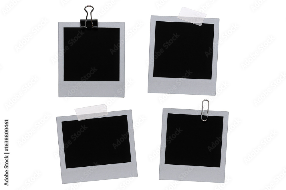 Poster four blank instant photo prints attached with clips and tape, ready for customization and display