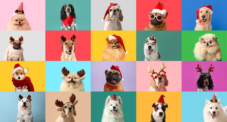 Christmas collage with many different dogs on color background