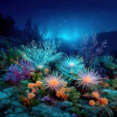 Obraz premium Underwater coral reef at night