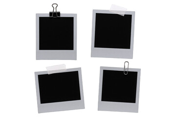 Four Blank Instant Photo Prints Attached with Clips and Tape, Ready for Customization and Display