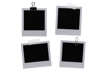 Four Blank Instant Photo Prints Attached with Clips and Tape, Ready for Customization and Display