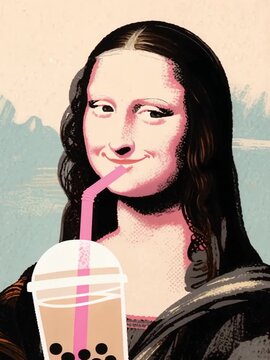 Illustration of a Mona Lisa  holding a bubble tea drink with a pink straw, smiling and winking, on a pastel background