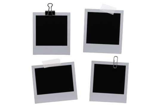 Four Blank Instant Photo Prints Attached with Clips and Tape, Ready for Customization and Display