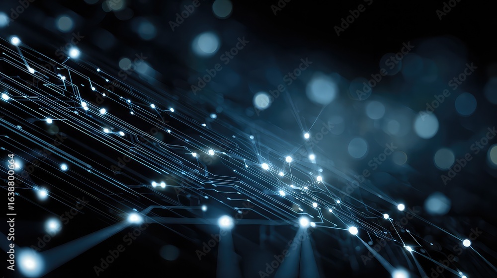 Poster dynamic abstract network of glowing blue digital circuits and data streams against a dark futuristic
