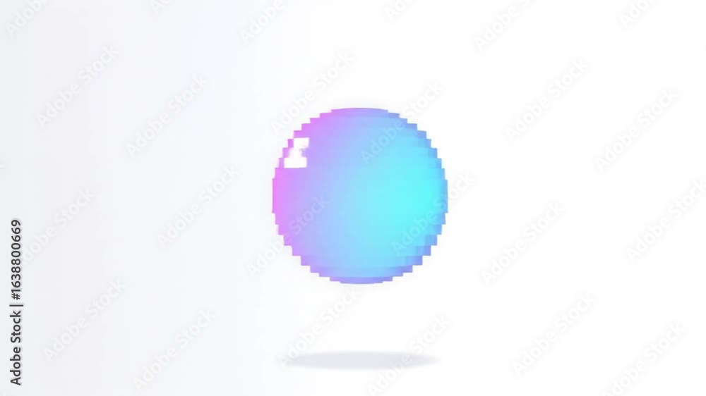 Poster animated pixel art spheres with gradient colors floating on a white background