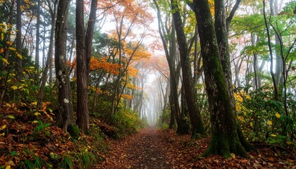 Obraz premium Scenic Autumn Walking Path Through a Forest of Colorful Fall Leaves