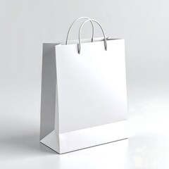 A plain white paper shopping bag with handles, standing upright on a light gray background