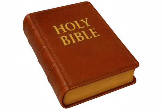 Religious leather-bound bible sitting atop transparent surface, symbolizing faith and scriptural wisdom - Powered by Adobe