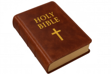 Leather-bound holy bible featuring golden cross, positioned against transparent backdrop, symbolizing religious devotion and spiritual reflection