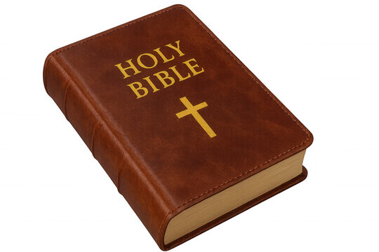 Leather-bound holy bible featuring golden cross, positioned against transparent backdrop, symbolizing religious devotion and spiritual reflection