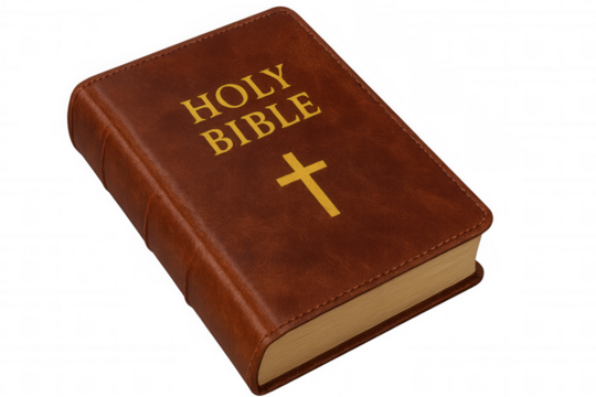 Leather-bound holy bible featuring golden cross, positioned against transparent backdrop, symbolizing religious devotion and spiritual reflection