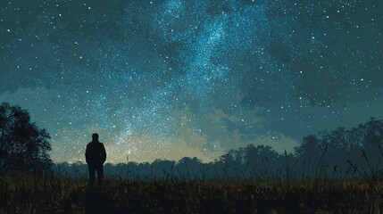 Silhouetted figure gazes at a starry night sky.