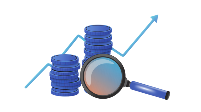 Visualize financial growth with a blue coin stack and rising trend line, use this for business analysis, investment strategies or modern economic development concepts